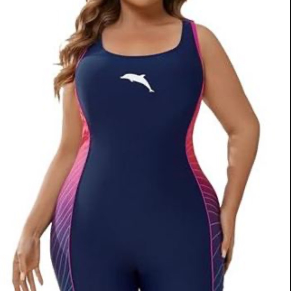 Plus-Size Navy One-Piece Swim Suit with Pink Side Panels
